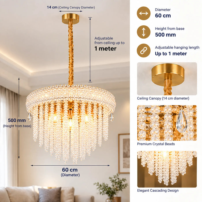 Great Dream Crystal Chandelier, 80 cm Diameter, Gold, Cascading Crystal Beads