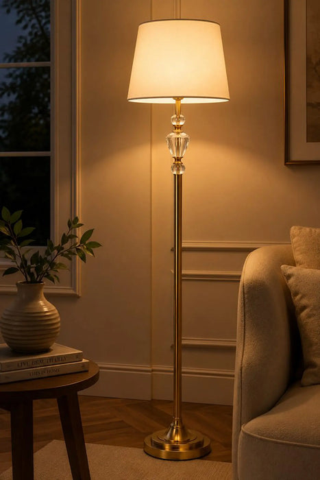 Great Dream Crystal Floor Lamp, Antique Gold Standing Lamp with Fabric Drum Shade