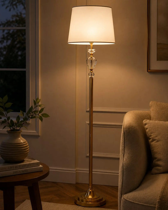 Great Dream Crystal Floor Lamp with Foot Switch, Antique Gold Farmhouse Standing Lamp with Fabric Drum Shade