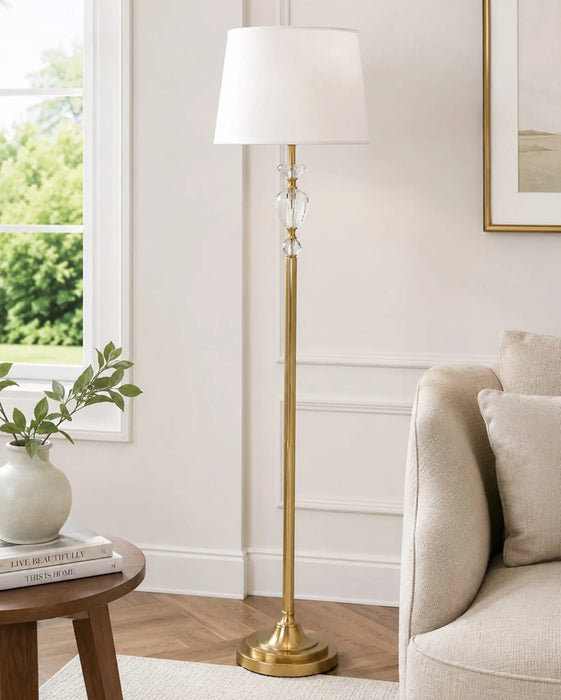 Great Dream Crystal Floor Lamp with Foot Switch, Antique Gold Farmhouse Standing Lamp with Fabric Drum Shade
