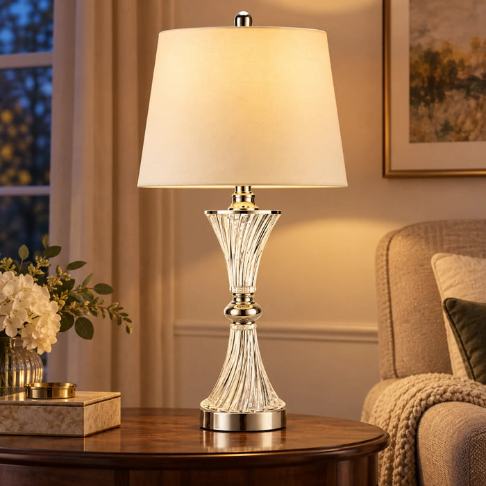 GREAT DREAM Elegant Crystal Table Lamp with Cream Fabric Shade, Silver Finish Bedside Nightstand Lamp for Bedroom, Living Room & Office