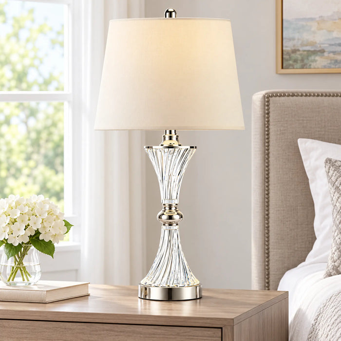 GREAT DREAM Elegant Crystal Table Lamp with Cream Fabric Shade, Silver Finish Bedside Nightstand Lamp for Bedroom, Living Room & Office