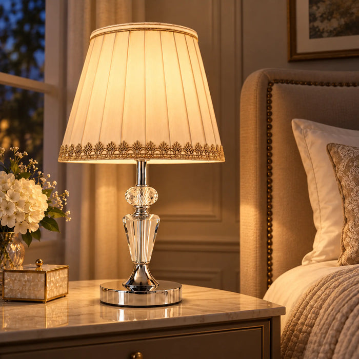 GREAT DREAM Elegant Crystal Table Lamp with Pleated Cream Shade, Silver Finish Bedside Nightstand Lamp for Bedroom & Living Room