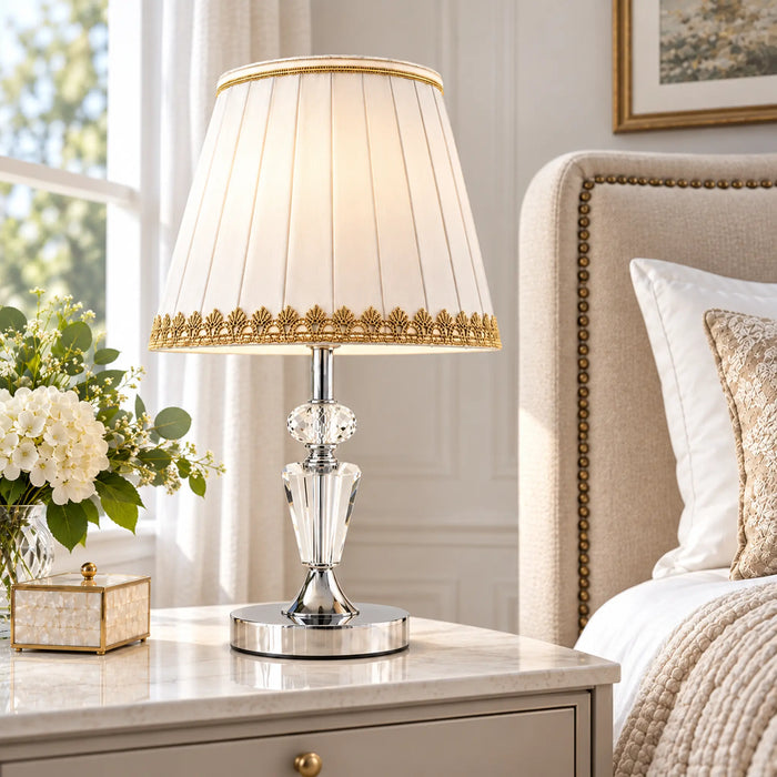 GREAT DREAM Elegant Crystal Table Lamp with Pleated Cream Shade, Silver Finish Bedside Nightstand Lamp for Bedroom & Living Room