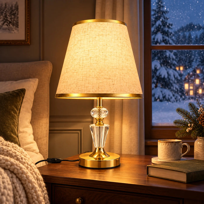 GREAT DREAM Elegant Gold Crystal Table Lamp with Beige Fabric Shade, Luxury Bedside Nightstand Lamp for Bedroom & Living Room