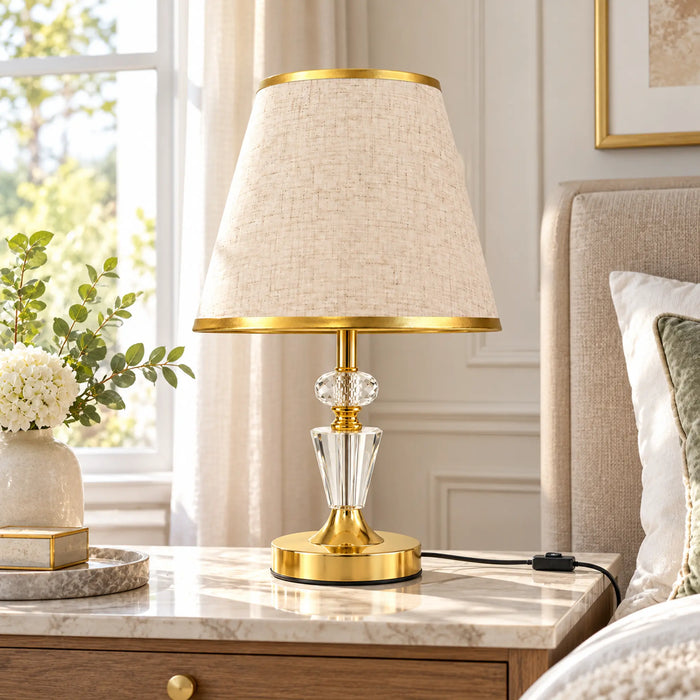 GREAT DREAM Elegant Gold Crystal Table Lamp with Beige Fabric Shade, Luxury Bedside Nightstand Lamp for Bedroom & Living Room