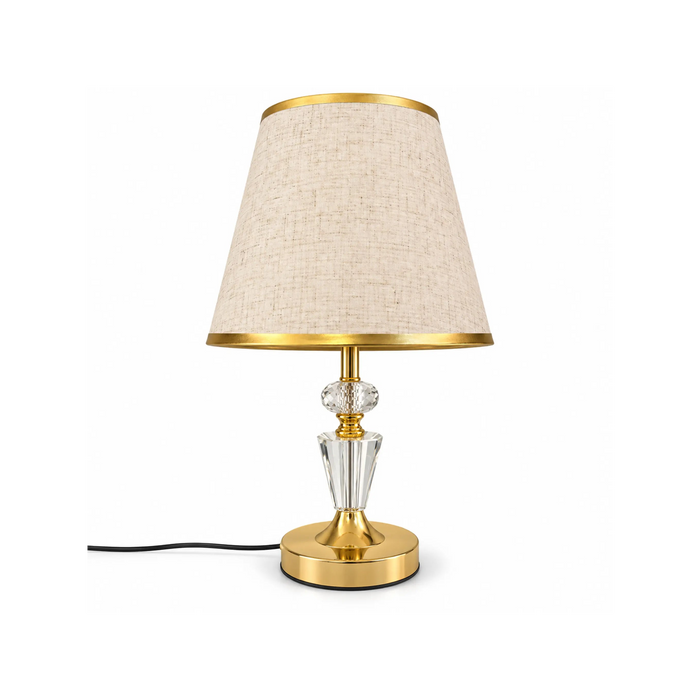 GREAT DREAM Elegant Gold Crystal Table Lamp with Beige Fabric Shade, Luxury Bedside Nightstand Lamp for Bedroom & Living Room
