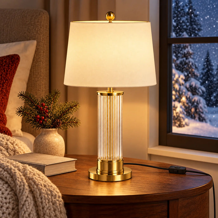 GREAT DREAM Elegant Gold Table Lamp with Clear Ribbed Column & White Fabric Shade, Modern Bedside Nightstand Lamp for Bedroom & Living Room