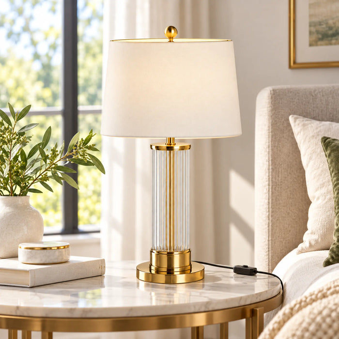 GREAT DREAM Elegant Gold Table Lamp with Clear Ribbed Column & White Fabric Shade, Modern Bedside Nightstand Lamp for Bedroom & Living Room