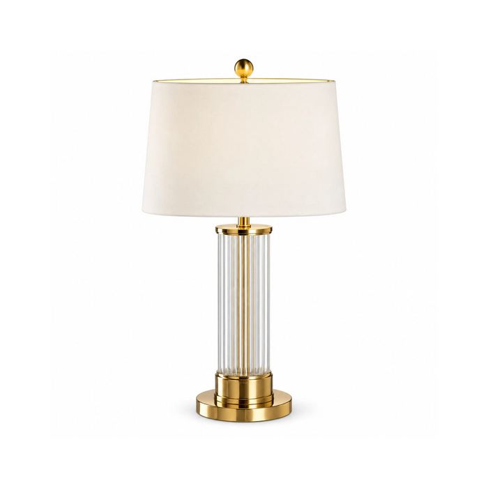 GREAT DREAM Elegant Gold Table Lamp with Clear Ribbed Column & White Fabric Shade, Modern Bedside Nightstand Lamp for Bedroom & Living Room