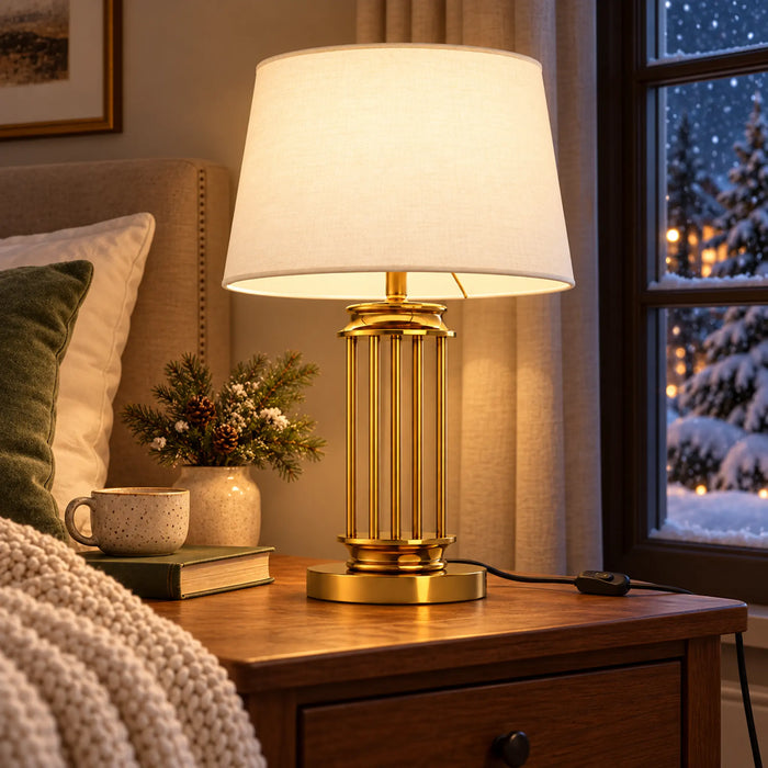 GREAT DREAM Elegant Gold Table Lamp with White Fabric Shade, Open Frame Metal Bedside Nightstand Lamp for Bedroom & Living Room