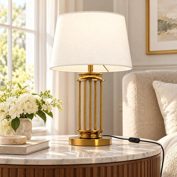 GREAT DREAM Elegant Gold Table Lamp with White Fabric Shade, Open Frame Metal Bedside Nightstand Lamp for Bedroom & Living Room