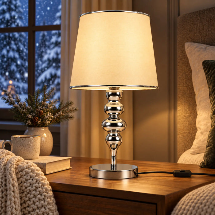 GREAT DREAM Elegant Silver Table Lamp with Cream Fabric Shade, Polished Metal Bedside Nightstand Lamp for Bedroom & Living Room