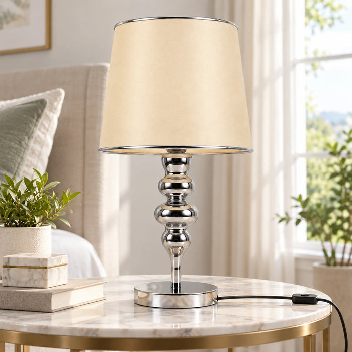 GREAT DREAM Elegant Silver Table Lamp with Cream Fabric Shade, Polished Metal Bedside Nightstand Lamp for Bedroom & Living Room