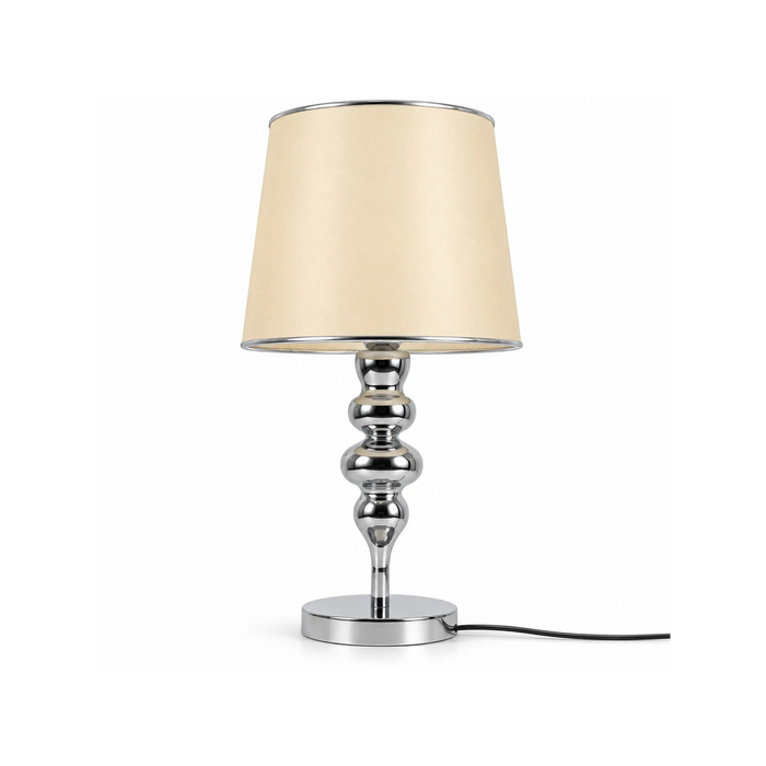 GREAT DREAM Elegant Silver Table Lamp with Cream Fabric Shade, Polished Metal Bedside Nightstand Lamp for Bedroom & Living Room