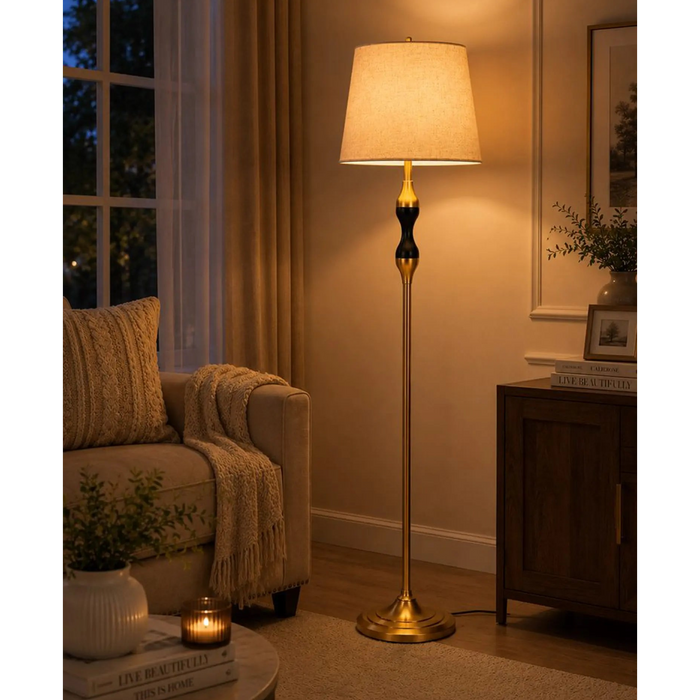 Great Dream Gold Finish Floor Lamp with Black Wood Accent, Traditional Tapered Linen Drum Shade Standing Lamp, Bulb Included