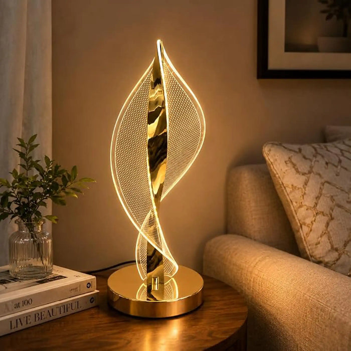 GREAT DREAM Gold Flame LED Table Lamp, Modern Acrylic Spiral Leaf Sculpture Lamp, Unique Twisted Flame Design Nightstand Lamp for Bedroom, Living Room, Home Decor