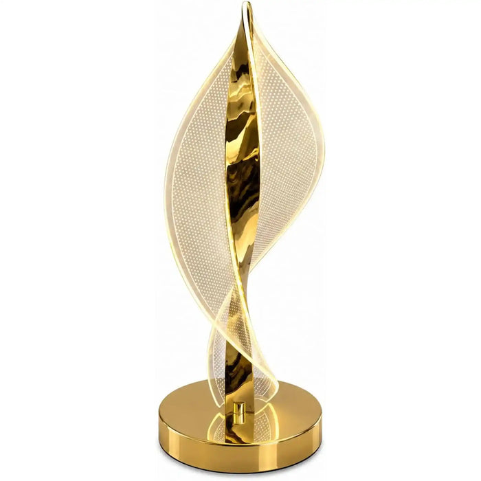 GREAT DREAM Gold Flame LED Table Lamp, Modern Acrylic Spiral Leaf Sculpture Lamp, Unique Twisted Flame Design Nightstand Lamp for Bedroom, Living Room, Home Decor
