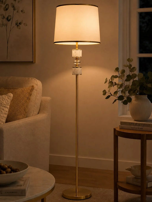 Great Dream Gold Floor Lamp with Marble & Crystal Accents, Foot Switch Control – Modern Glam White Drum Shade Standing Lamp for Living Room, Bedroom, Office – Bulb Included