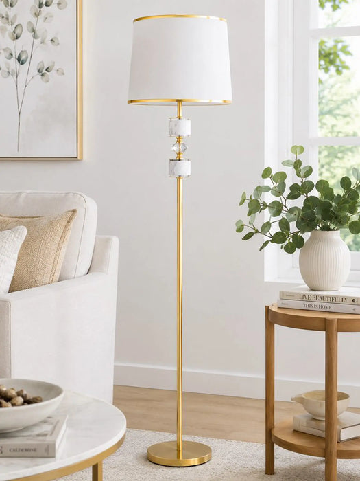 Great Dream Gold Floor Lamp with Marble & Crystal Accents, Foot Switch Control – Modern Glam White Drum Shade Standing Lamp for Living Room, Bedroom, Office – Bulb Included