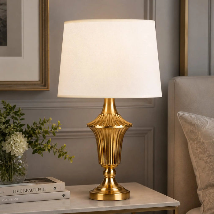 GREAT DREAM Gold Table Lamp, Fluted Urn Base Table Lamps for Bedroom, Modern Metal Gold Lamp with Fabric Drum Shade for Living Room, Nightstand, Bedside, Office Desk