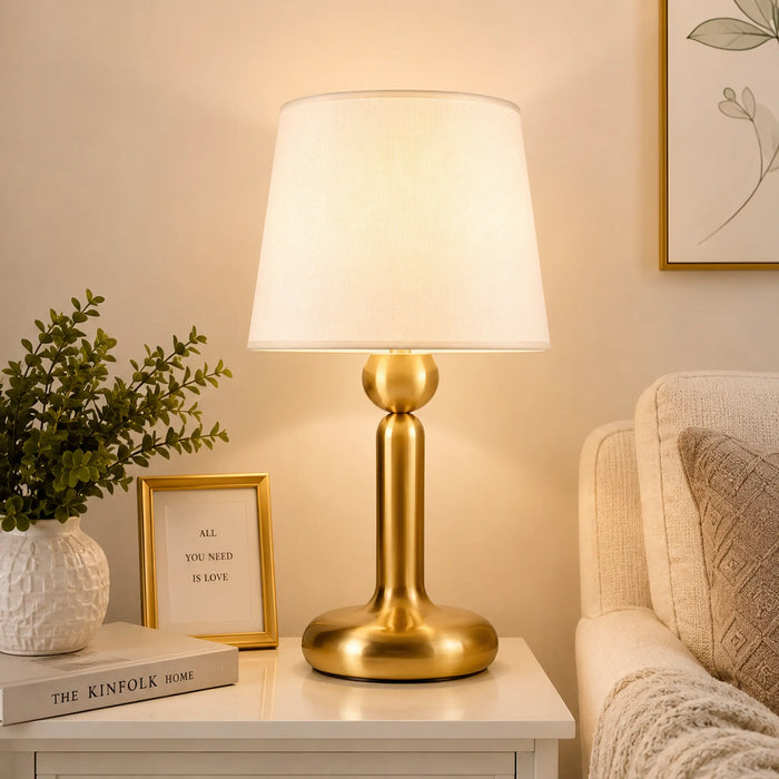 GREAT DREAM Gold Table Lamp, White Fabric Shade, Bedside Decor