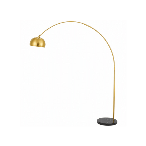 A modern floor lamp with a curved gold metal stand, a dome-shaped gold shade, and a round black marble base, shown against a plain white background.