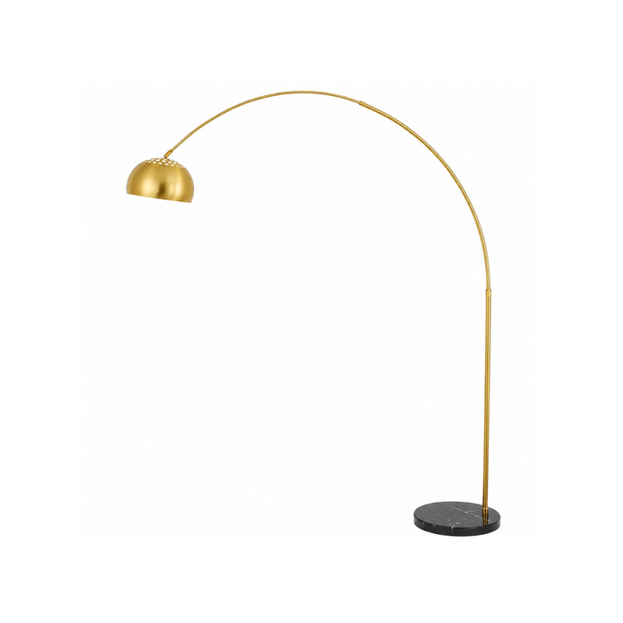 A modern floor lamp with a curved gold metal stand, a dome-shaped gold shade, and a round black marble base, shown against a plain white background.