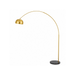 A modern floor lamp with a curved gold metal stand, a dome-shaped gold shade, and a round black marble base, shown against a plain white background.