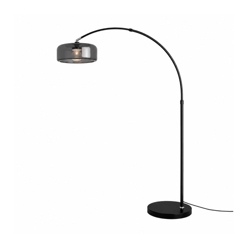 A modern black floor lamp with a curved gooseneck arm, a round black base, and a dark gray smoked glass shade, shown against a plain white background.
