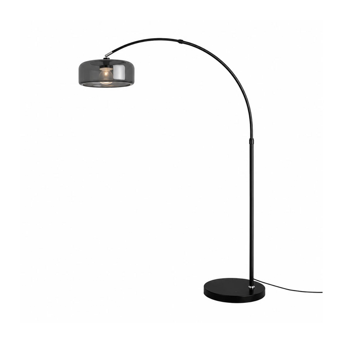 A modern black floor lamp with a curved gooseneck arm, a round black base, and a dark gray smoked glass shade, shown against a plain white background.