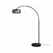 A modern black floor lamp with a curved gooseneck arm, a round black base, and a dark gray smoked glass shade, shown against a plain white background.