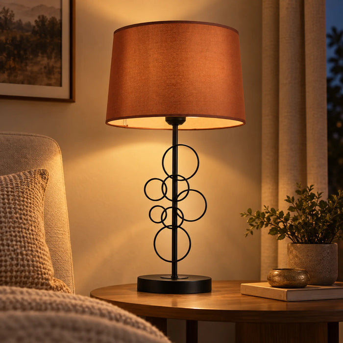 GREAT DREAM Modern Black Table Lamp with Brown Fabric Shade, Geometric Circle Metal Bedside Lamp for Bedroom & Living Room