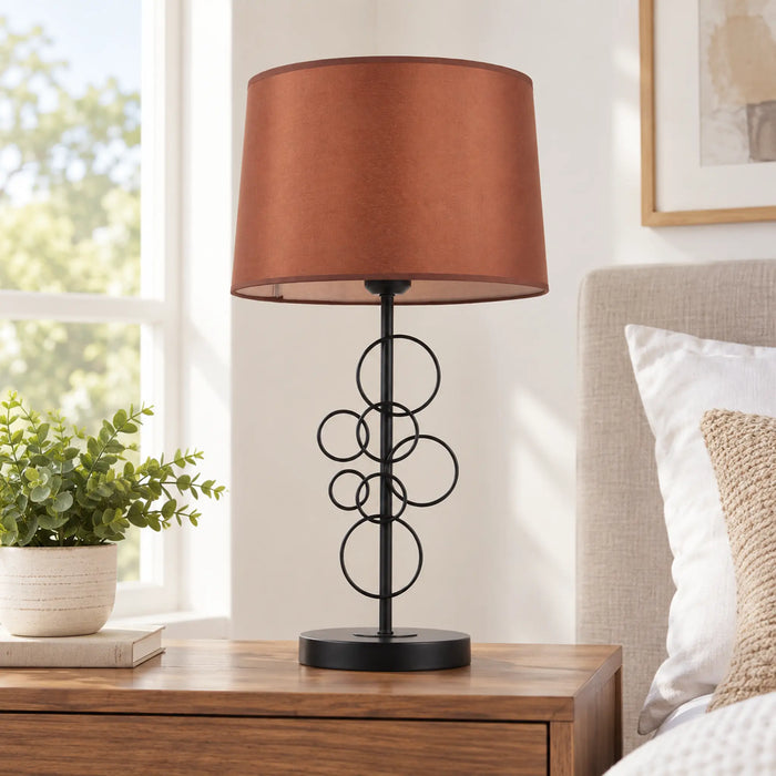 GREAT DREAM Modern Black Table Lamp with Brown Fabric Shade, Geometric Circle Metal Bedside Lamp for Bedroom & Living Room