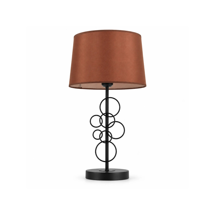 GREAT DREAM Modern Black Table Lamp with Brown Fabric Shade, Geometric Circle Metal Bedside Lamp for Bedroom & Living Room