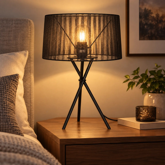 GREAT DREAM Modern Black Tripod Table Lamp with Sheer Fabric Shade, Industrial Metal Bedside Lamp for Bedroom, Living Room & Office