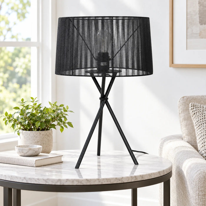 GREAT DREAM Modern Black Tripod Table Lamp with Sheer Fabric Shade, Industrial Metal Bedside Lamp for Bedroom, Living Room & Office