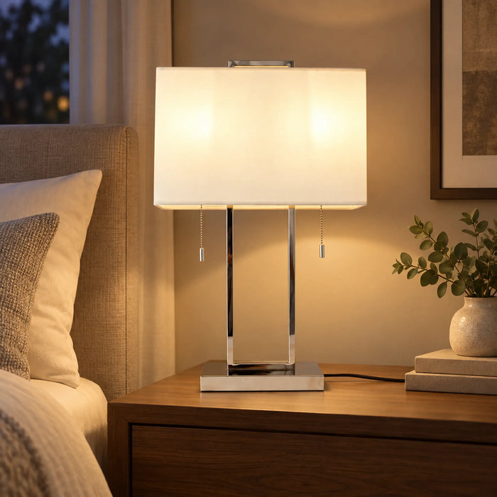 GREAT DREAM Modern Chrome Table Lamp with Rectangular Fabric Shade, Dual Pull Chain Switch, Contemporary Bedside Lamp for Bedroom, Living Room & Office