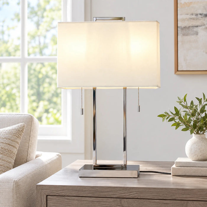 GREAT DREAM Modern Chrome Table Lamp with Rectangular Fabric Shade, Dual Pull Chain Switch, Contemporary Bedside Lamp for Bedroom, Living Room & Office