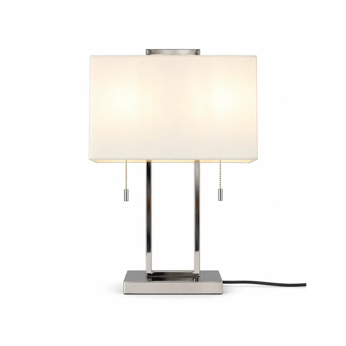 GREAT DREAM Modern Chrome Table Lamp with Rectangular Fabric Shade, Dual Pull Chain Switch, Contemporary Bedside Lamp for Bedroom, Living Room & Office