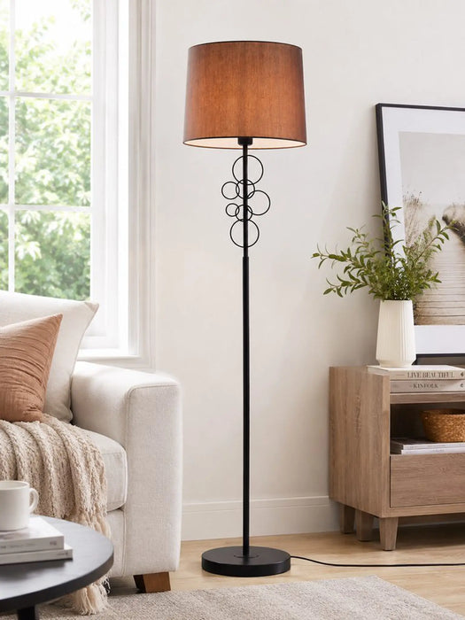 GREAT DREAM Modern Floor Lamp, Matte Black Metal Stand with Decorative Bubble Ring Accent, Brown Fabric Drum Shade, Tall Standing Lamp for Living Room, Bedroom, Office