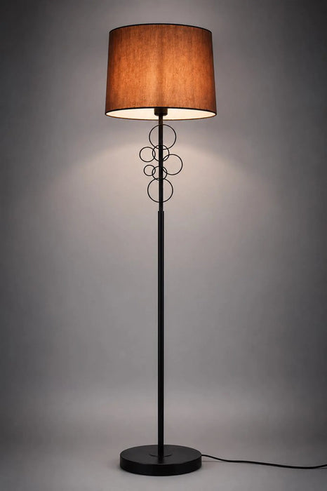 GREAT DREAM Modern Floor Lamp, Matte Black Metal Stand with Decorative Bubble Ring Accent, Brown Fabric Drum Shade, Tall Standing Lamp for Living Room, Bedroom, Office