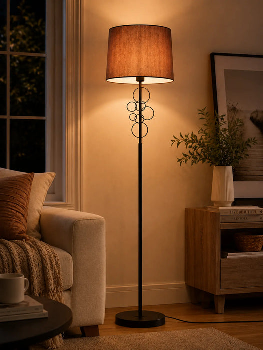 GREAT DREAM Modern Floor Lamp, Matte Black Metal Stand with Decorative Bubble Ring Accent, Brown Fabric Drum Shade, Tall Standing Lamp for Living Room, Bedroom, Office