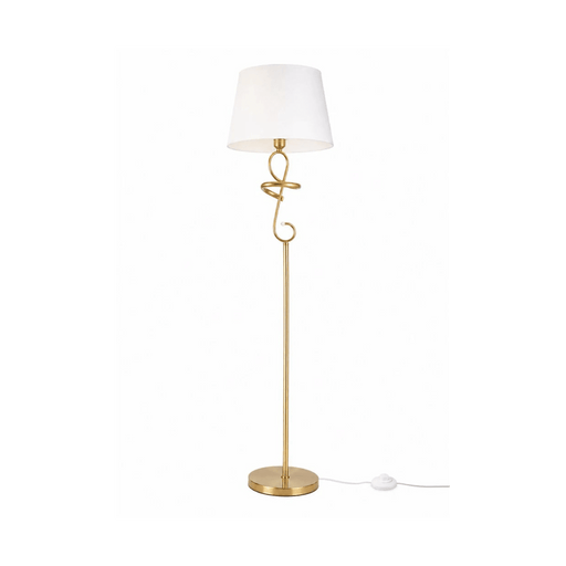 A floor lamp with a white tapered fabric shade, a gold metal stand, and a decorative spiral detail on the stem, shown on a plain white background with its power cord visible.