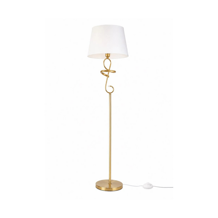 A floor lamp with a white tapered fabric shade, a gold metal stand, and a decorative spiral detail on the stem, shown on a plain white background with its power cord visible.