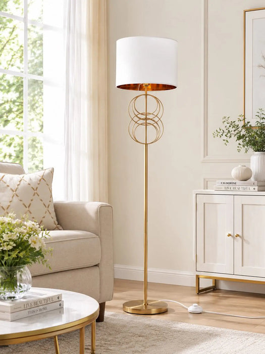 Great Dream Modern Gold Floor Lamp with White Fabric Drum Shade, 59" Tall Standing Lamp, LED Bulb Included, Inline Foot Switch, Metal Base, Contemporary Living Room & Bedroom Floor Light