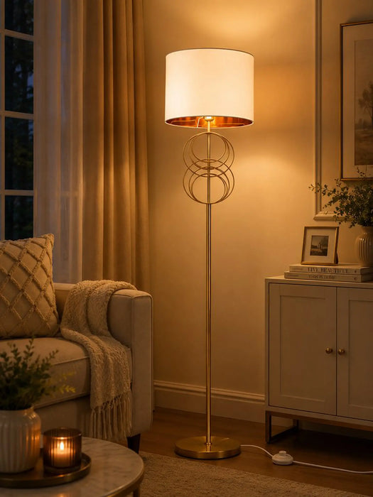 Great Dream Modern Gold Floor Lamp with White Fabric Drum Shade, 59" Tall Standing Lamp, LED Bulb Included, Inline Foot Switch, Metal Base, Contemporary Living Room & Bedroom Floor Light