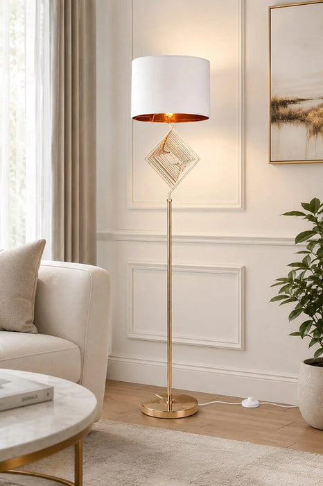 Great Dream Modern Gold Floor Lamp with White Fabric Drum Shade, 59" Tall Standing Lamp with White Fabric Drum Shade, Geometric Metal Accent, Heavy Metal Base for Living Room, Bedroom & Office