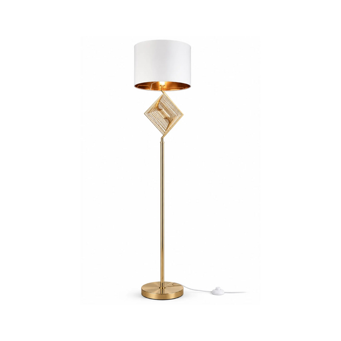 Great Dream Modern Gold Floor Lamp with White Fabric Drum Shade, 59" Tall Standing Lamp with White Fabric Drum Shade, Geometric Metal Accent, Heavy Metal Base for Living Room, Bedroom & Office