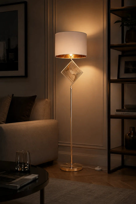 Great Dream Modern Gold Floor Lamp with White Fabric Drum Shade, 59" Tall Standing Lamp with White Fabric Drum Shade, Geometric Metal Accent, Heavy Metal Base for Living Room, Bedroom & Office